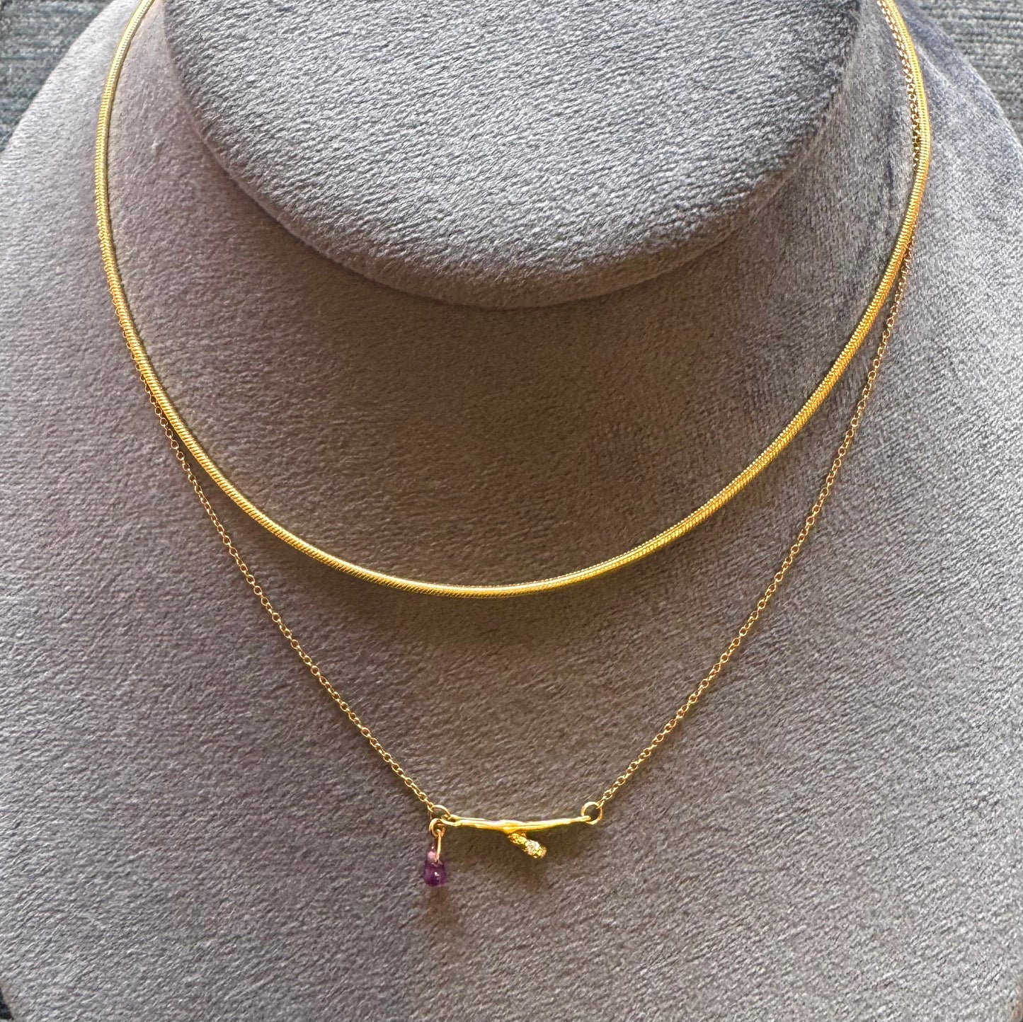 branch pendant with pave diamond and ruby drop